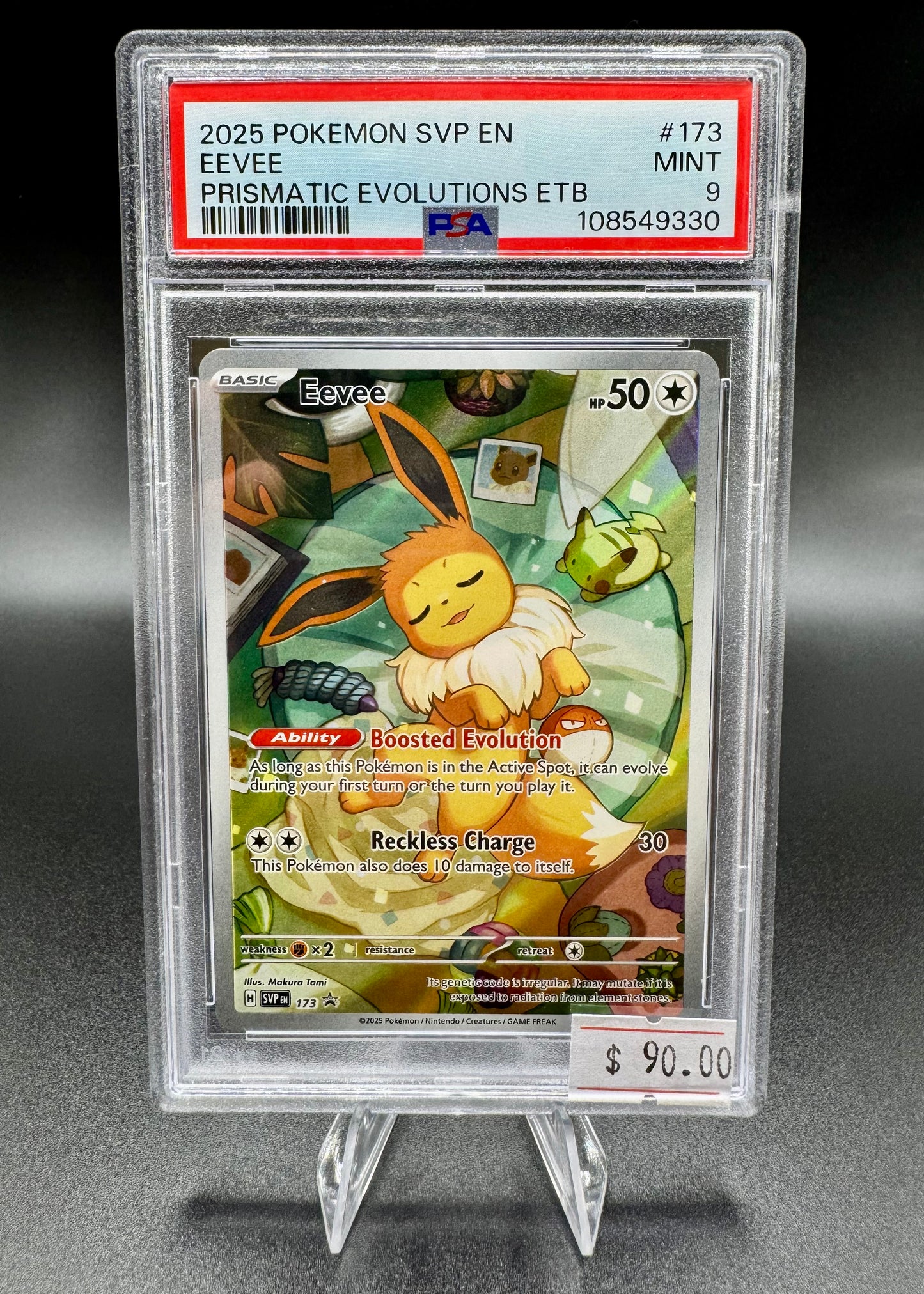 PSA 9 Eevee 173 SVP en Prismatic Evolutions ETB Promo Pokemon Card GEM MINT