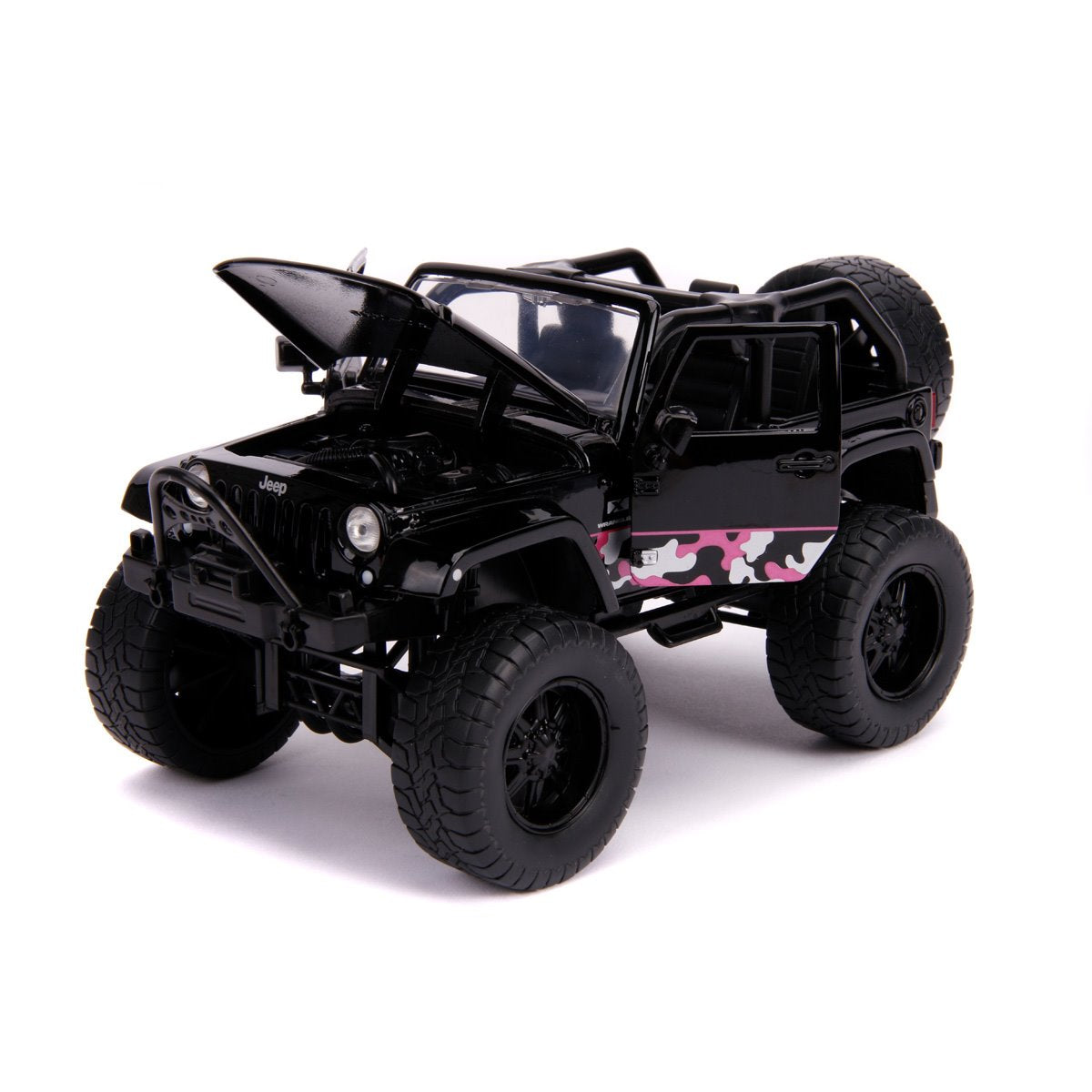 Just Trucks 2007 Jeep Wrangler Black and Pink Camo 1:24 Scale Die-Cast Metal Vehicle with Tire Rack