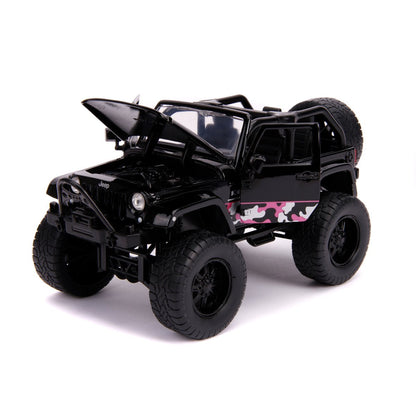 Just Trucks 2007 Jeep Wrangler Black and Pink Camo 1:24 Scale Die-Cast Metal Vehicle with Tire Rack