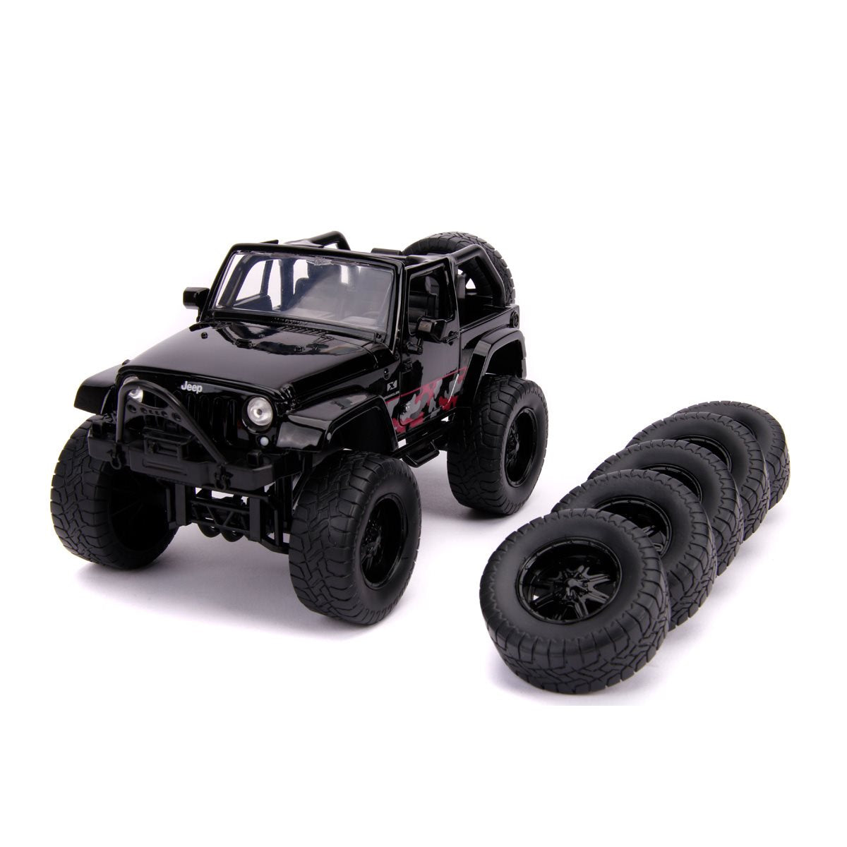 Just Trucks 2007 Jeep Wrangler Black and Pink Camo 1:24 Scale Die-Cast Metal Vehicle with Tire Rack