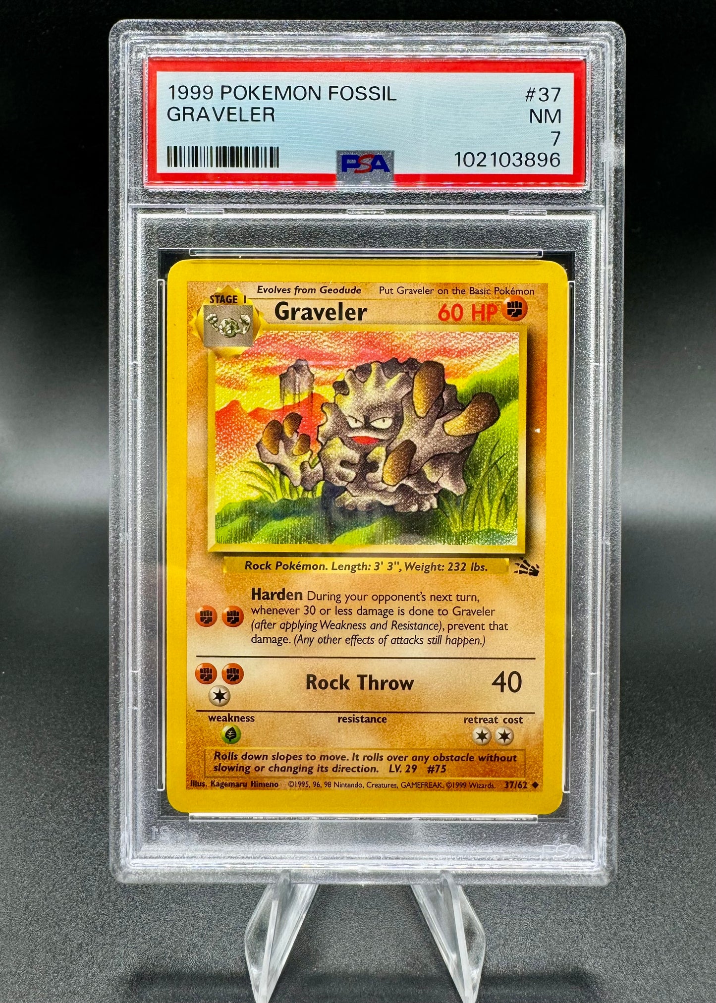 1999 Pokemon - 1st Edition Graveler Non-Holo Fossil 37/62 - PSA 7 NM - WOTC