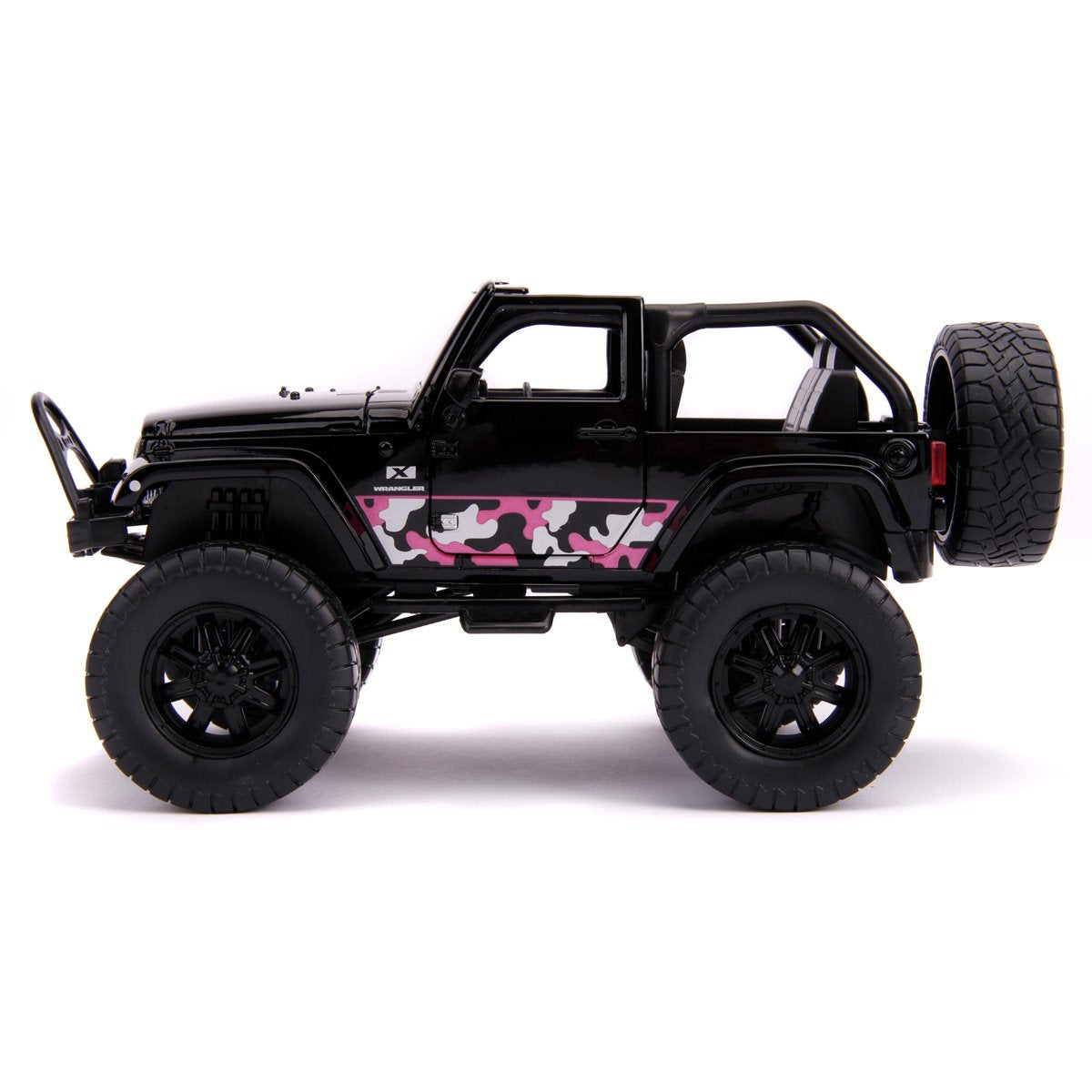 Just Trucks 2007 Jeep Wrangler Black and Pink Camo 1:24 Scale Die-Cast Metal Vehicle with Tire Rack
