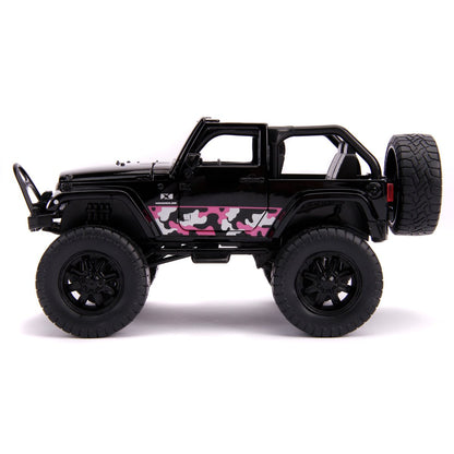 Just Trucks 2007 Jeep Wrangler Black and Pink Camo 1:24 Scale Die-Cast Metal Vehicle with Tire Rack